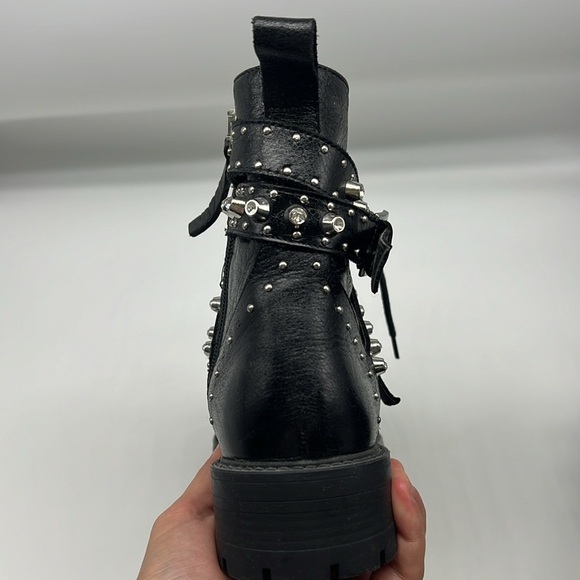Zara - Black Leather Bejeweled Criss Cross Lace Up Biker Ankle Boot Size 6 - Picture 5 of 14